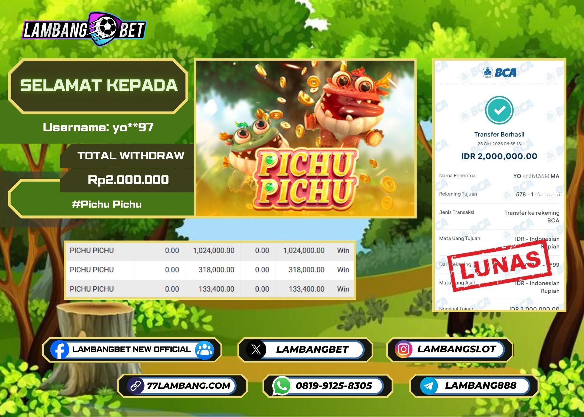 LAMBANGBET [23 OKTOBER 2025] JACKPOT SLOT Pichu Pichu "Rp2.000.000" LUNAS